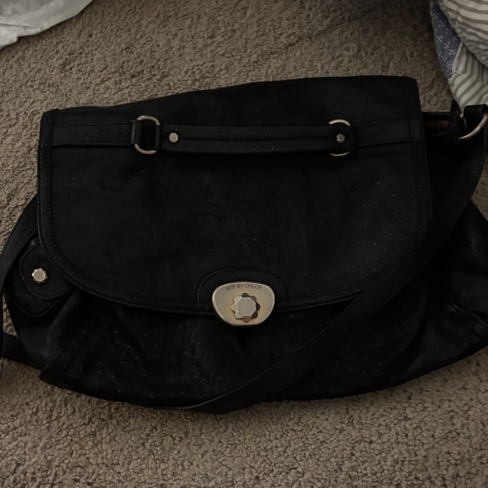 See By Chloe Black Leather Satchel with Floral Turn-Lock